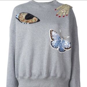 Alexander McQueen Gray Sweater with Blue Butterfly and Red Accents